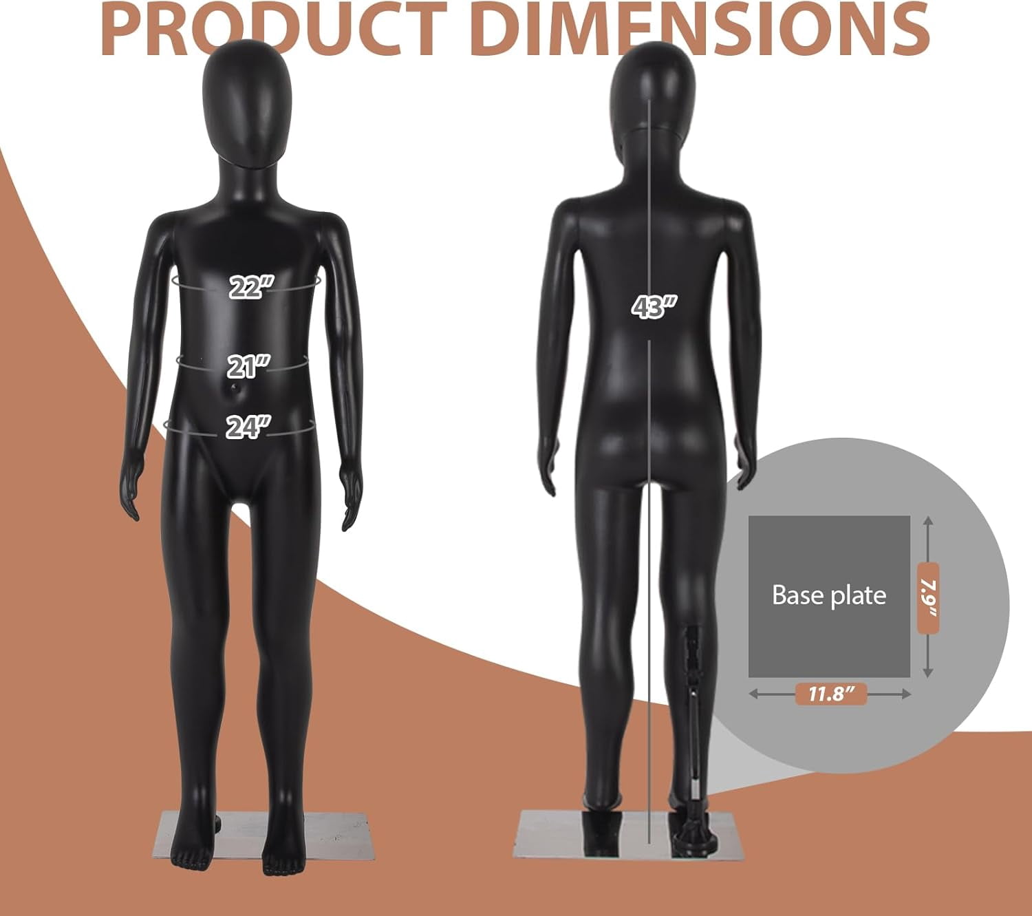 Kinbor Child Mannequin, Black Children Dress Form Mannequins, Kids Mannequins Full Body 43.3 Inches, Realistic Detachable Manikin Body Display with Metal Base