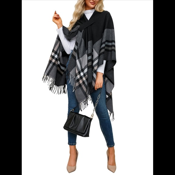 Women'S Wraps Open Front Travel Poncho Cape Warm Oversized Plaid Sweaters Casual Cardigan Shawls Black One Size
