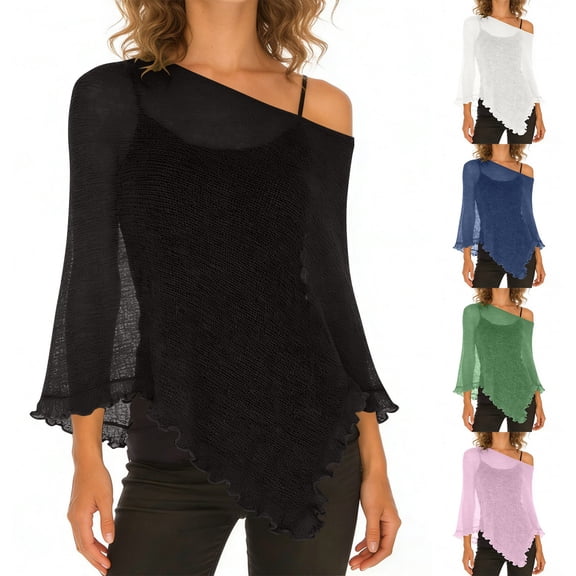 Maqroz Womens Sheer Poncho Shrug Sun Protection Long Sleeve Lightweight Knit Ruffle Pullover Sweater Top Asymmetric Loose Knit Summer Beach Cover Ups Black Free Size