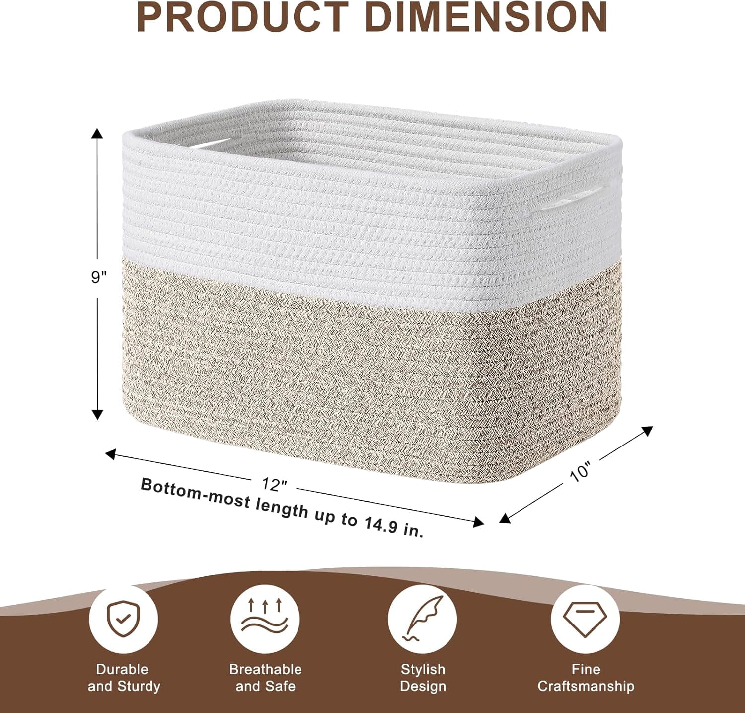 Baskets for Organizing - Cotton Rope Baskets for Shelves, 12” Decorative Woven Baskets for Storage, Organizer Bins for Living Room, Laundry, Bedroom, 4 Pack, White/Brown