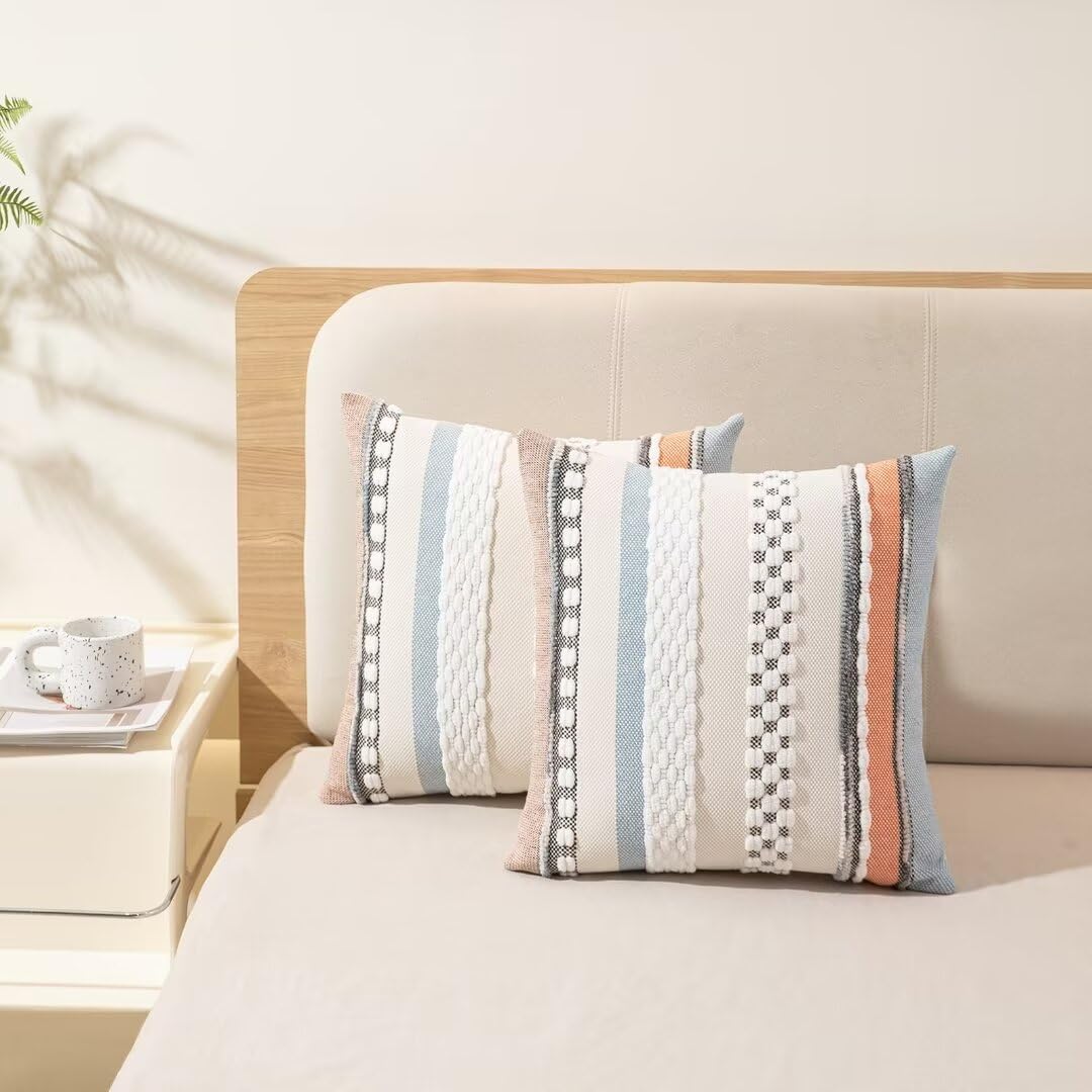 Boho Throw Pillow Covers 18x18 Set of 2 Farmhouse Decorative Cushion Case Striped Square Pillows Cover Chenille Pillow Cases Accent Neutral Pillowcase for Sofa Couch Bed