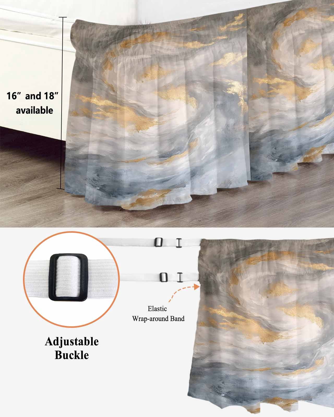 Grey Golden Wrap Around Bed Skirts for Queen Bed 16" Drop, Bed Skirt with Adjustable Elastic Belt Dust Ruffle Bed Valance for Bedroom Hotel Luxury Modern Oil Painting Abstract Bed Frame Cover