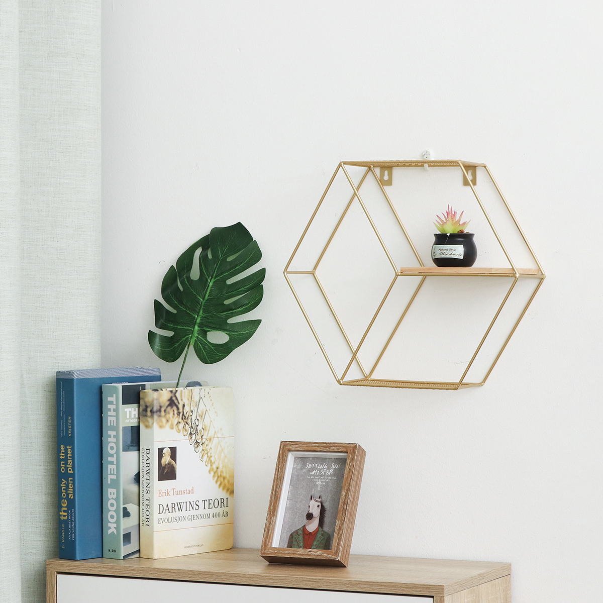 Metal Wall Shelf, Wall Display Shelf, Industrial Style Wood Iron Craft Hexagonal Geometric Wall