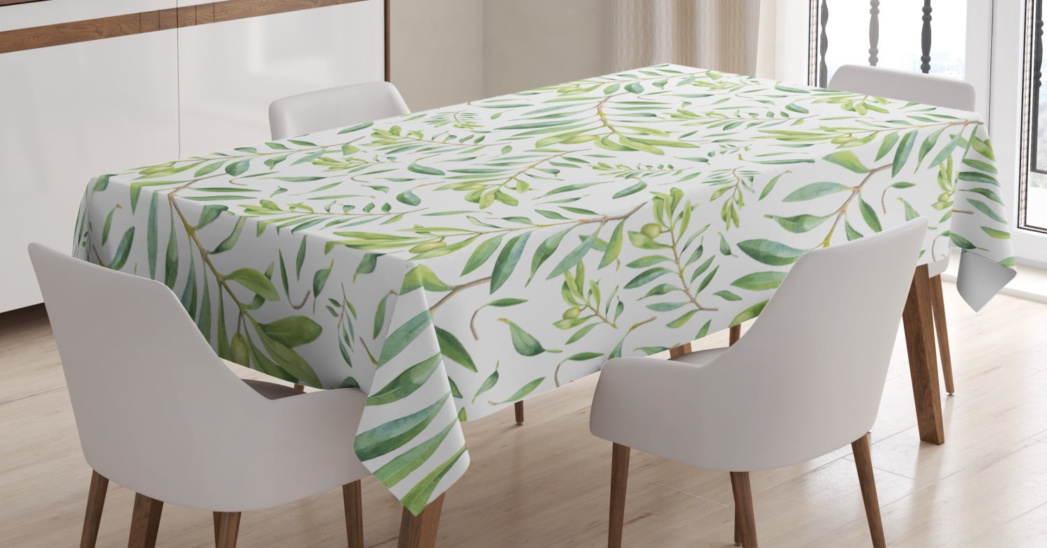 Green Leaf Tablecloth, Watercolor Art Style Olive Branch Mediterranean