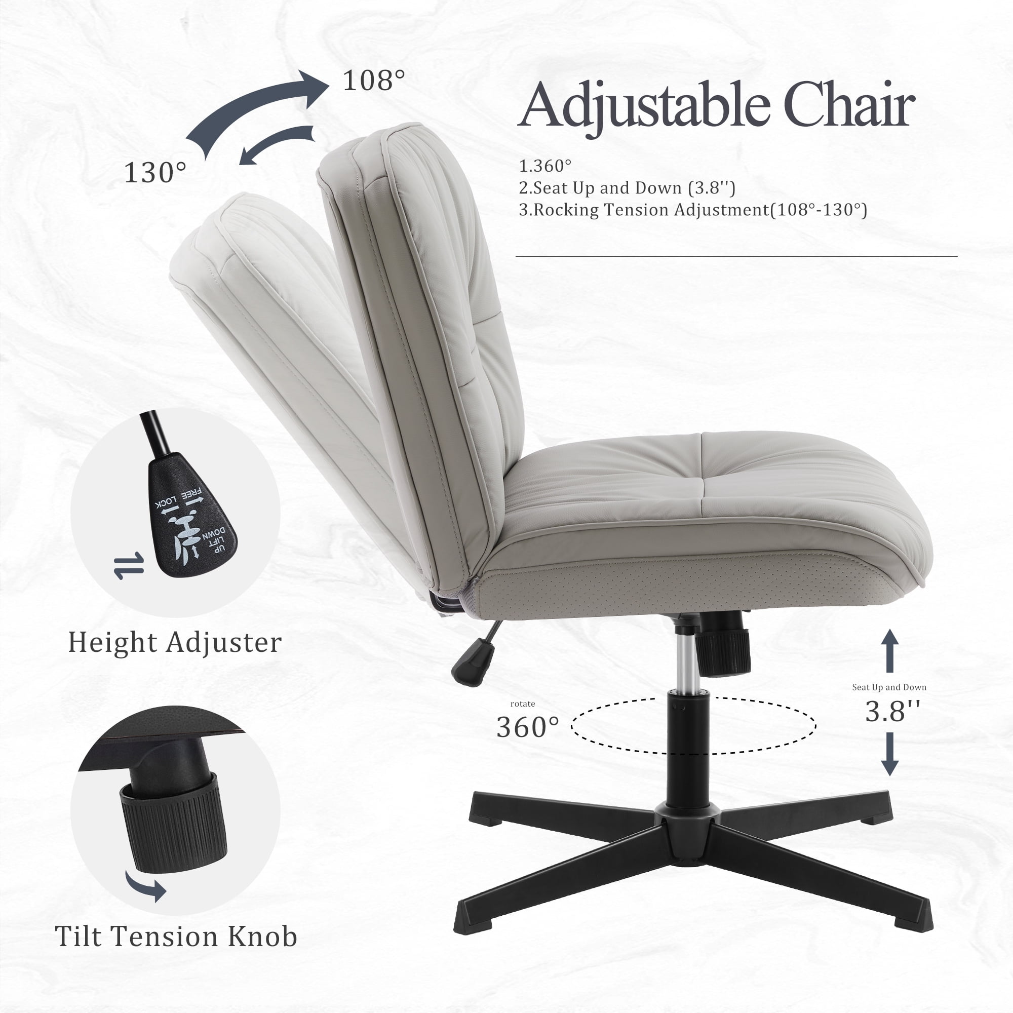 ZUNMOS Armless Office Chair, Wide Ergonomic Design, Height Adjustable, Khaki Gray