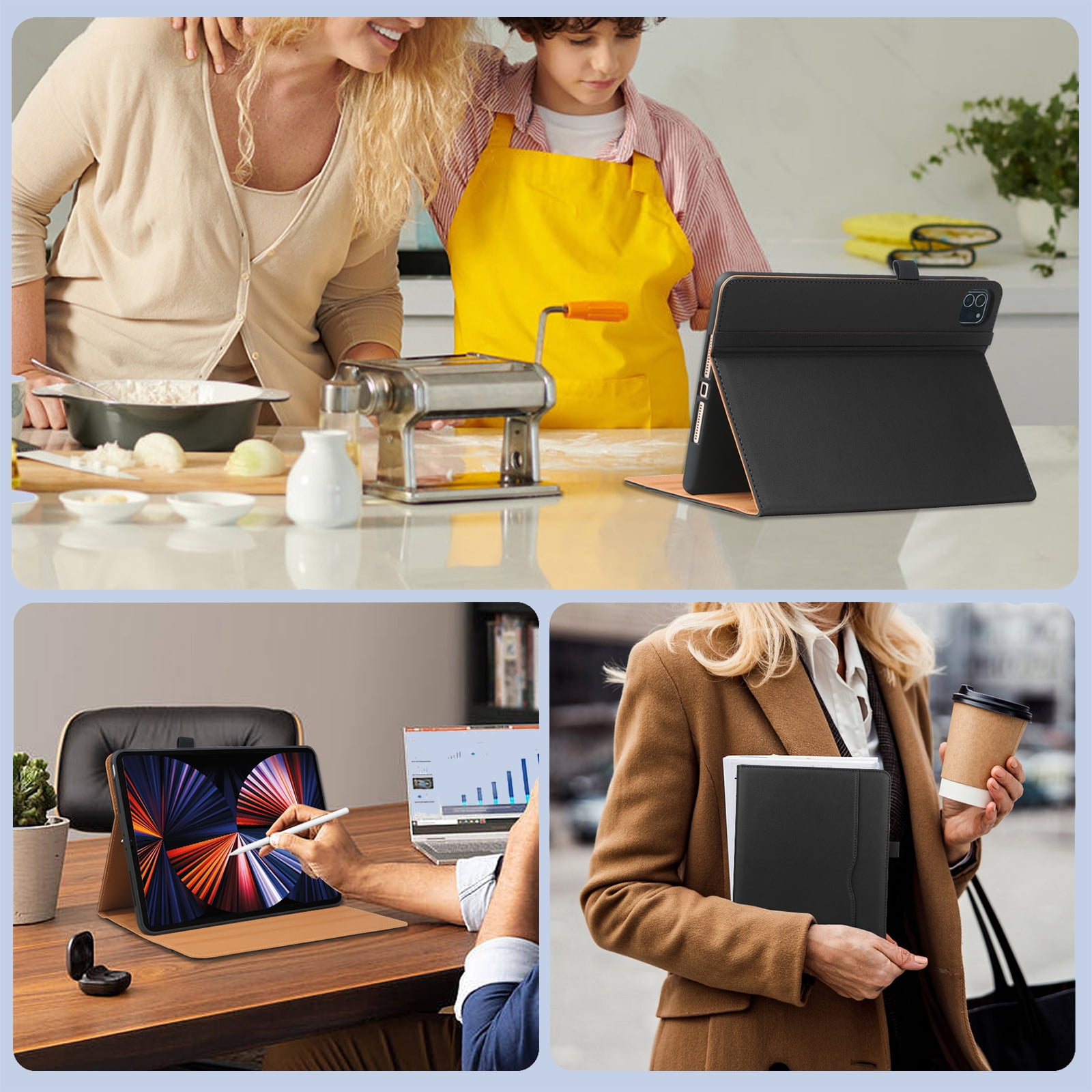 For iPad 6th 5th Gen Case/ iPad Air 1 2 Case, Auto Sleep Wake Kickstand Elastic Band Pencil Holder Front Pocket Business Case for Apple iPad 9.7" 2018/2017/ iPad Air 1 2 9.7", Black