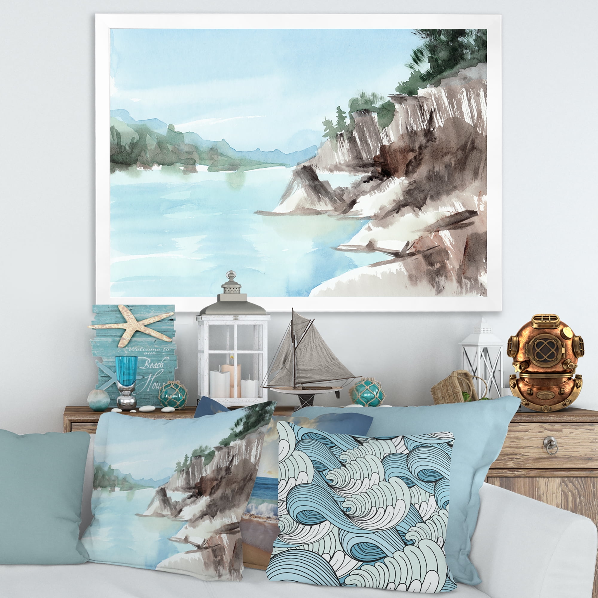 Designart 'Rocks With The Blue Lake' Lake House Framed Art Print