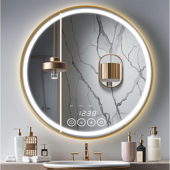 24 Inch Wall-Mounted Round Bathroom Mirror with LED-Lights - Frame Vanity Mirrors 24" x 24", Gold)