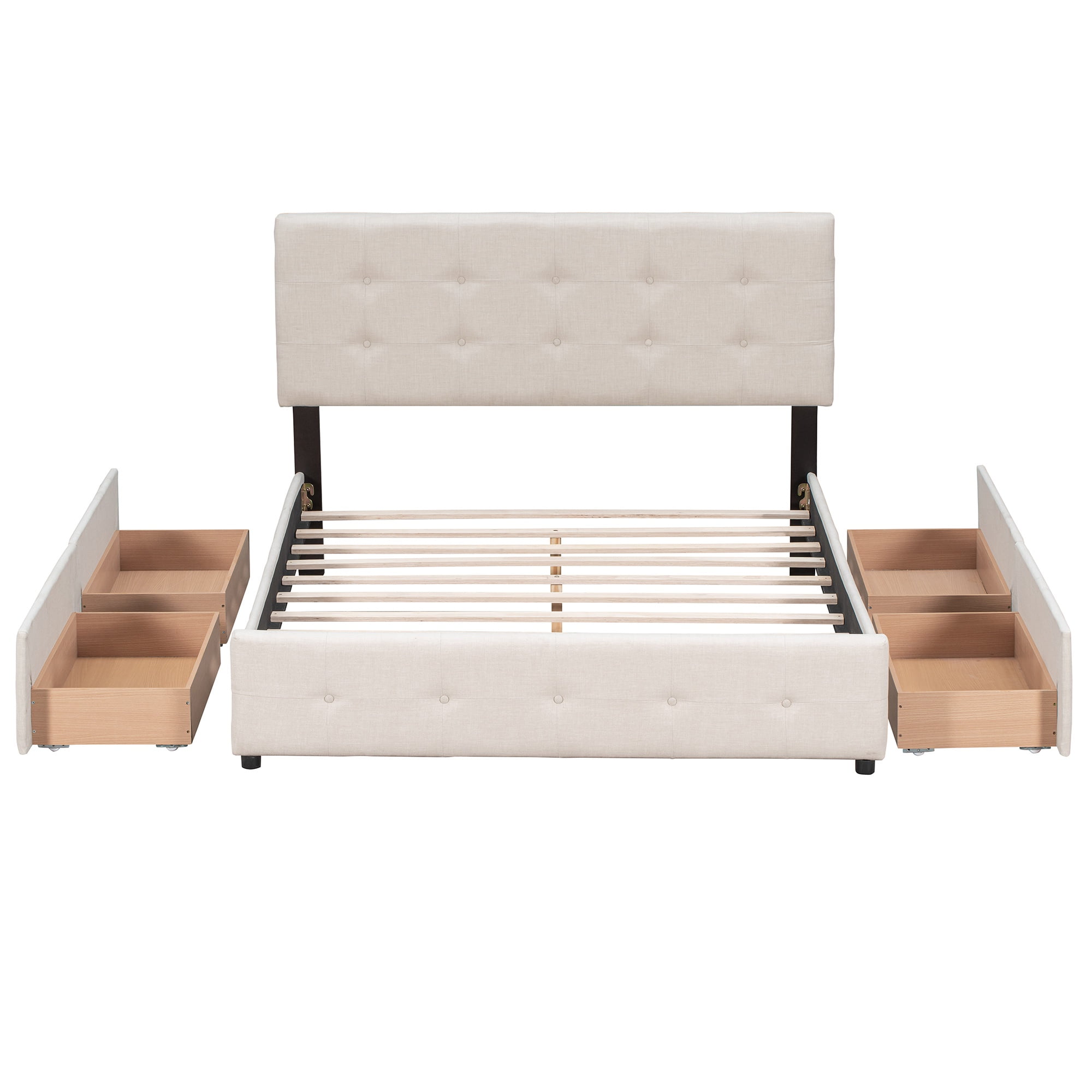 PAPROOS Queen Platform Bed Frame with Storage, Upholstered Platform Bed with Tufted Button Headboard and 4 Drawers, No Box Spring Needed, Queen Size Bed Frame for Adults, Beige