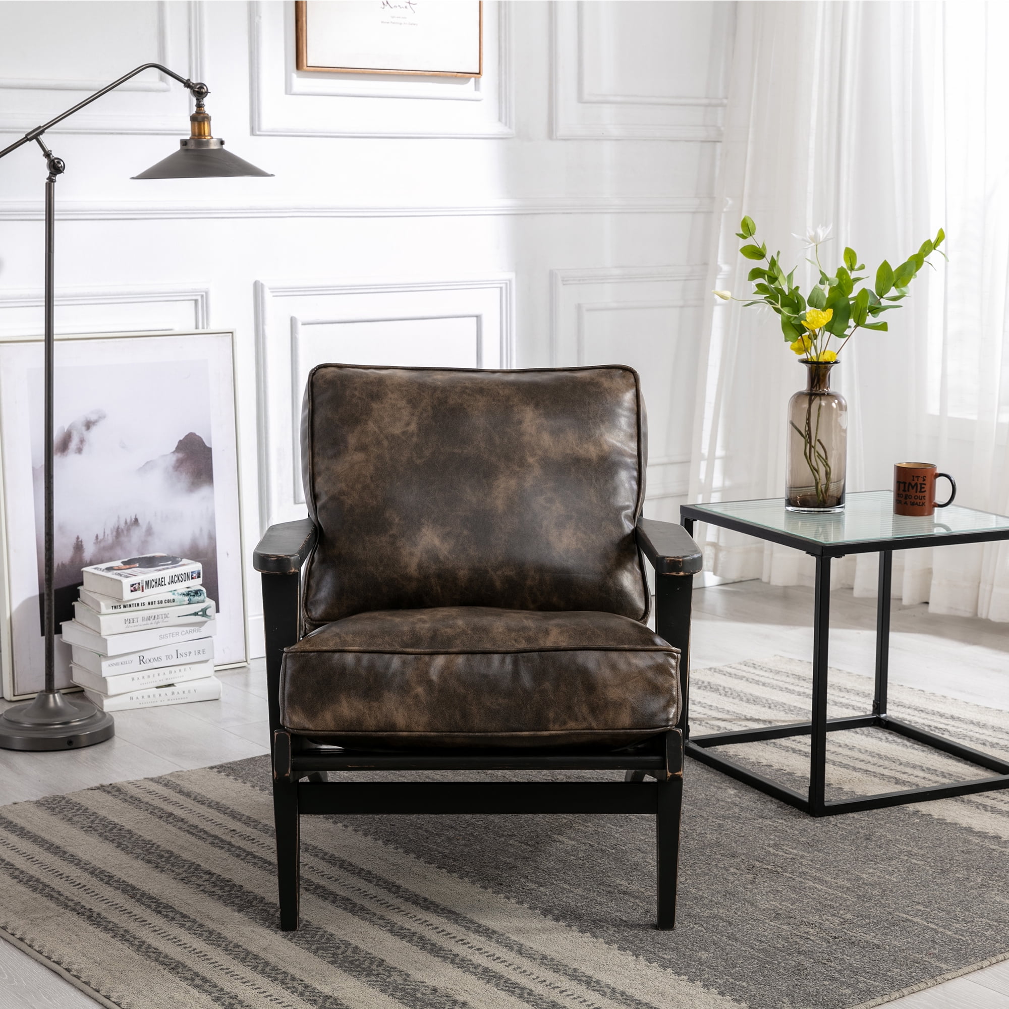 Cfowner Modern Mid Century PU Leather Accent Chair, Upholstered Lounge