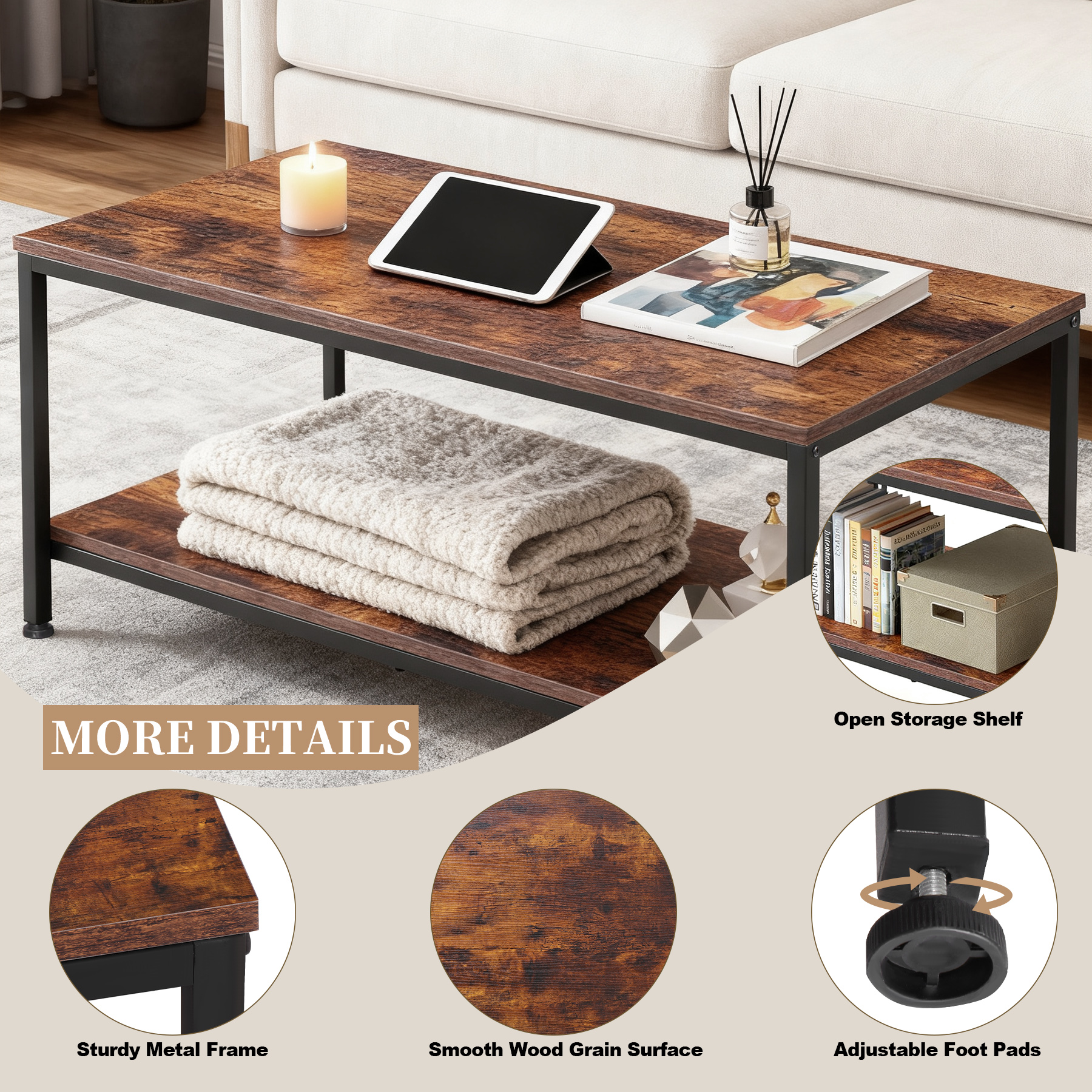 HomGarden 39.4" Modern Rectangle 2-Tier Coffee Table Wood Cocktail Table Home Office, Rustic Brown