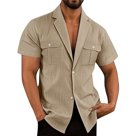 RYRJJ Men's Casual Button Down Shirts Short Sleeve Cotton Linen Shirts Summer Beach Dress Shirt with Pockets(Khaki,M)