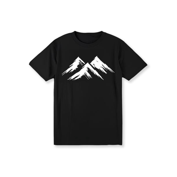 Men Round Neck Short Sleeve Mountain Print Black Tee Casual Daily Wear, For Friends