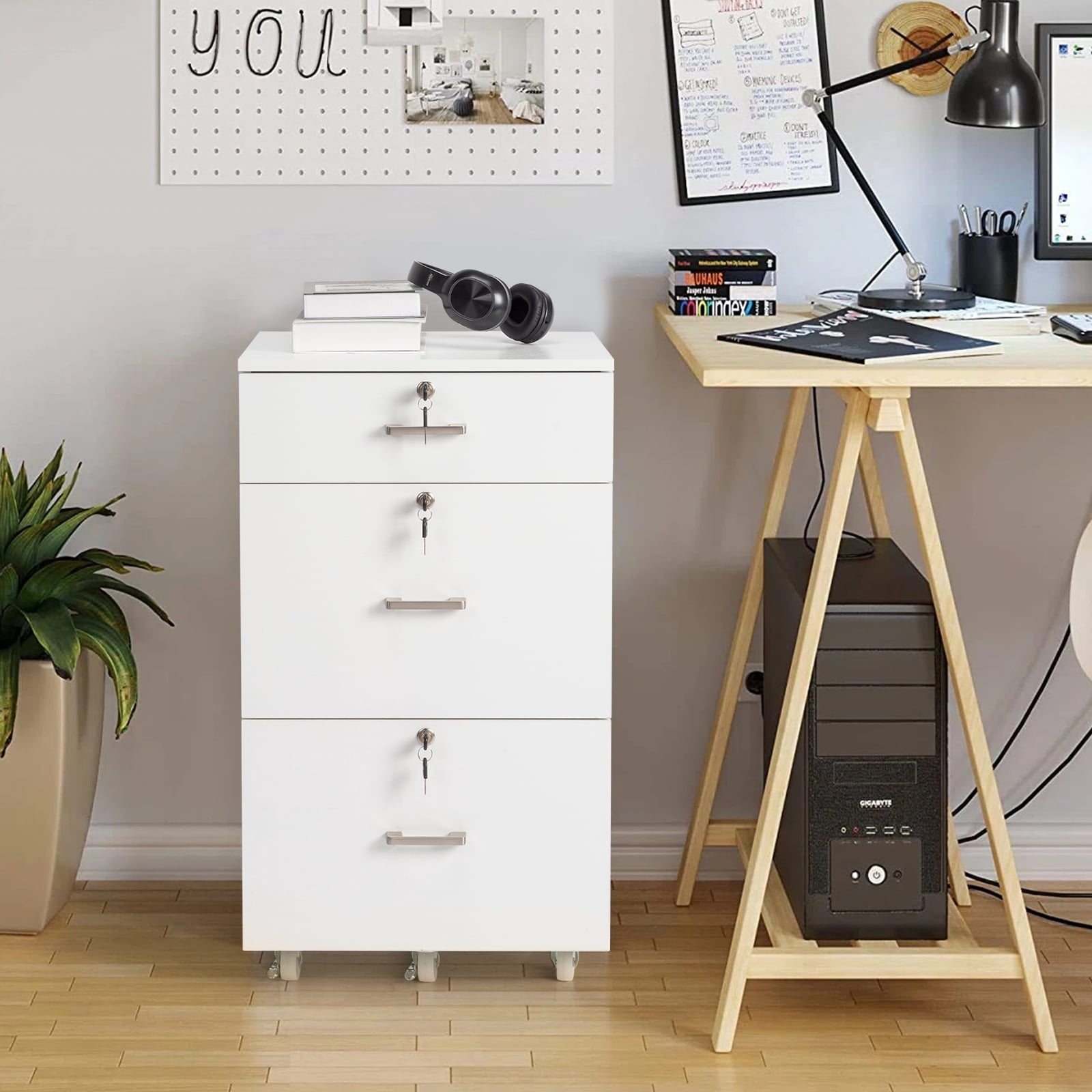 Ktaxon 3 Drawers File Cabinet Legal&Letter Size, with Pencil Drawers Mobile File Cabinet with Rollers, White