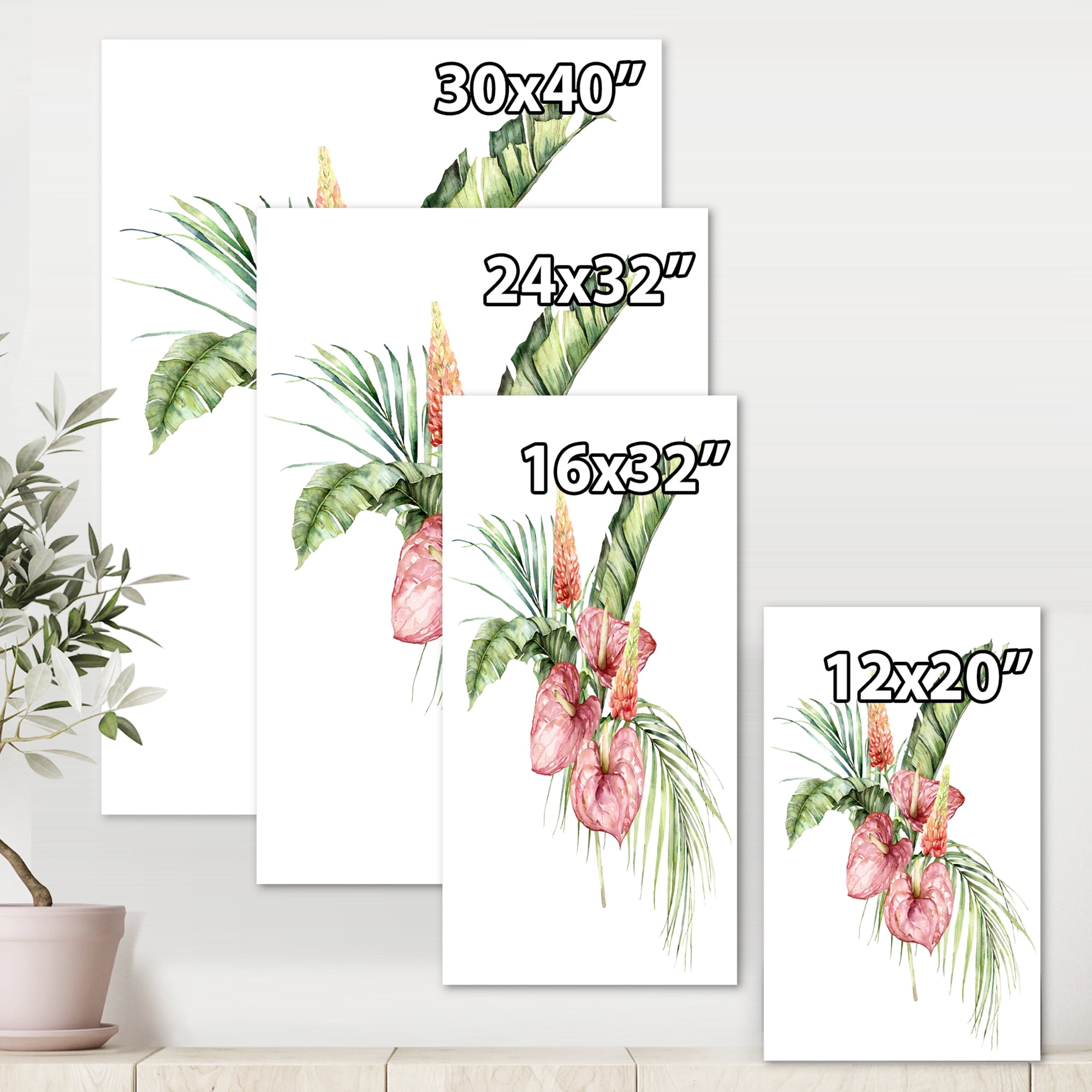 Designart ' Tropical Bouquet With Anthurium Lupine and Leaves On White II ' Traditional Canvas Wall Art Print