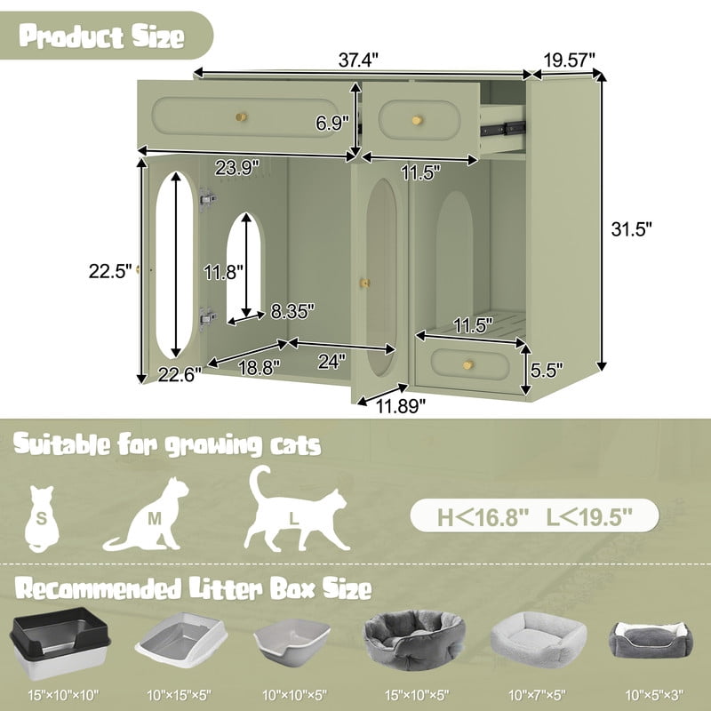 Mirightone Cat Litter Box Enclosure with LED Light and Acrylic Doors, Hidden Cat Litter Box Furniture with Storage Drawers, Indoor Litter Box Cabinet for Living Room & Entryway, Green