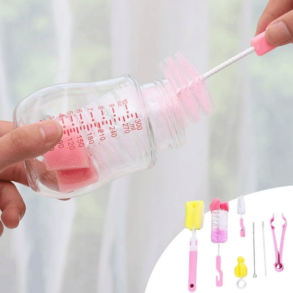 Set de cepillos para biberón de 7 piezas con limpiador de pezones y pajitas - Cepillos de esponja y nylon a 360° para una limpieza eficaz de biberones, vasos y piezas de la bomba