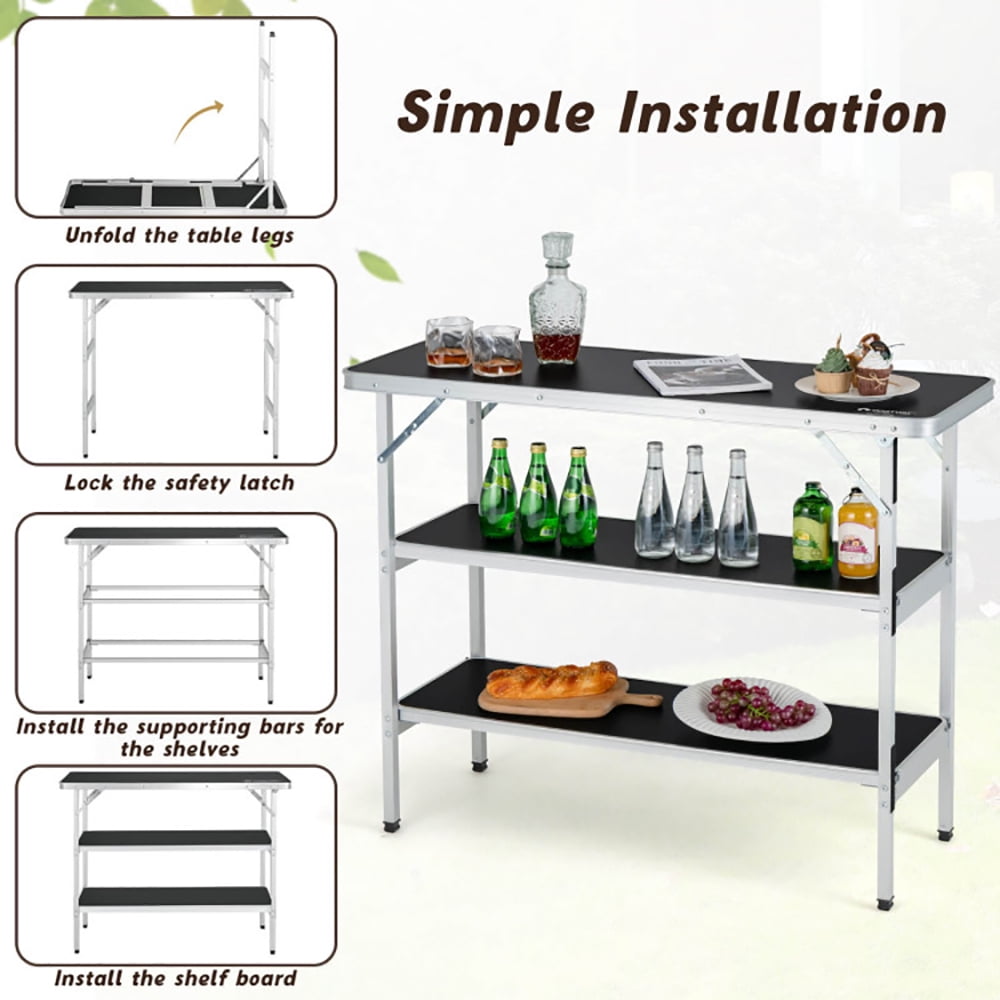 Aimee Lii Folding Camping Table with 2-Tier Open Shelves for Outdoor BBQ, Camp Tables PorTable Foldable, Black Aimee Lii Folding Camping Table with 2-Tier Open Shelves for Outdoor BBQ, Camp Tables PorTable Foldable, Black