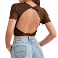 thumbnail image 3 of Tops Cortos de Verano para Mujer, de Corta, Cuello Redondo, Color Liso, de Punto Ajustado, Sin Espalda. Marrón Oscuro L, 3 of 10