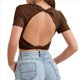 thumbnail image 3 of Tops Cortos de Verano para Mujer, de Corta, Cuello Redondo, Color Liso, de Punto Ajustado, Sin Espalda. Marrón Oscuro M, 3 of 10