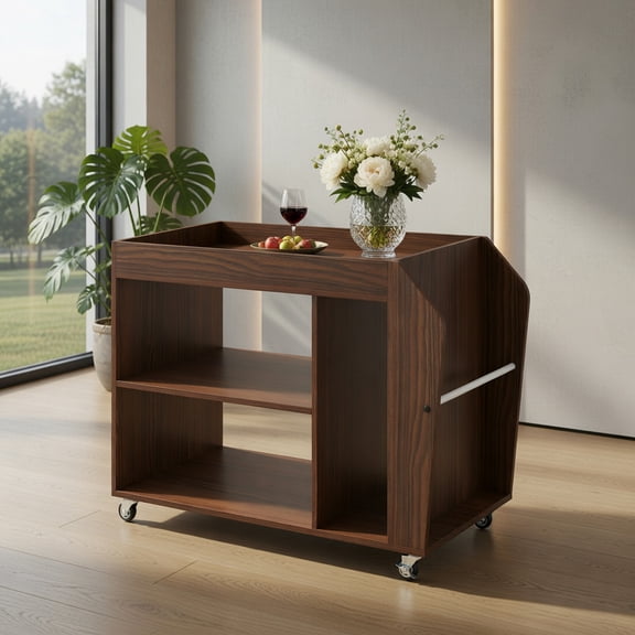 Demi Bonn 3-Tier Side End Table, Rolling with Universal Wheels Living Room Table, Brown