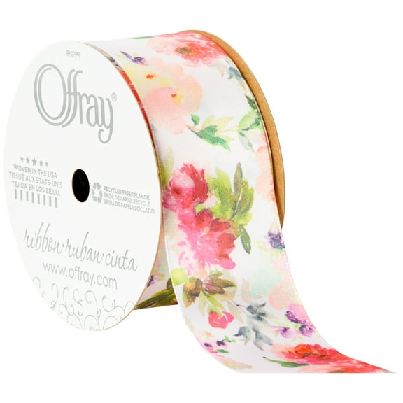 Offray Ribbon, Multi-Color 1 1/2 inch Floral Satin Ribbon for Sewing, Crafts, and Wedding, 9 feet, 1 Each