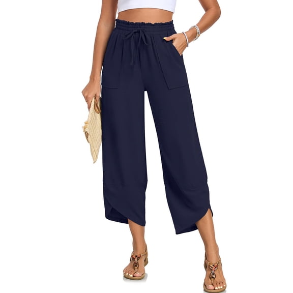 Women Linen Palazzo Pants Boho Wide Leg Elastic Waisted Casual Capri Pant Summer Harem Lounge with Pockets Navy M