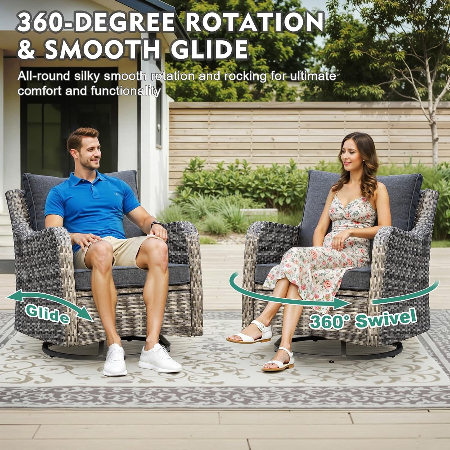 MEISSALIVVE 6 Pieces Patio Furniture Set with 43" Fire Pit Table, Wicker Patio Conversation Set with Swivel Rocking Chairs, Outdoor Patio Set for Lawn Backyard Porch (Grey)