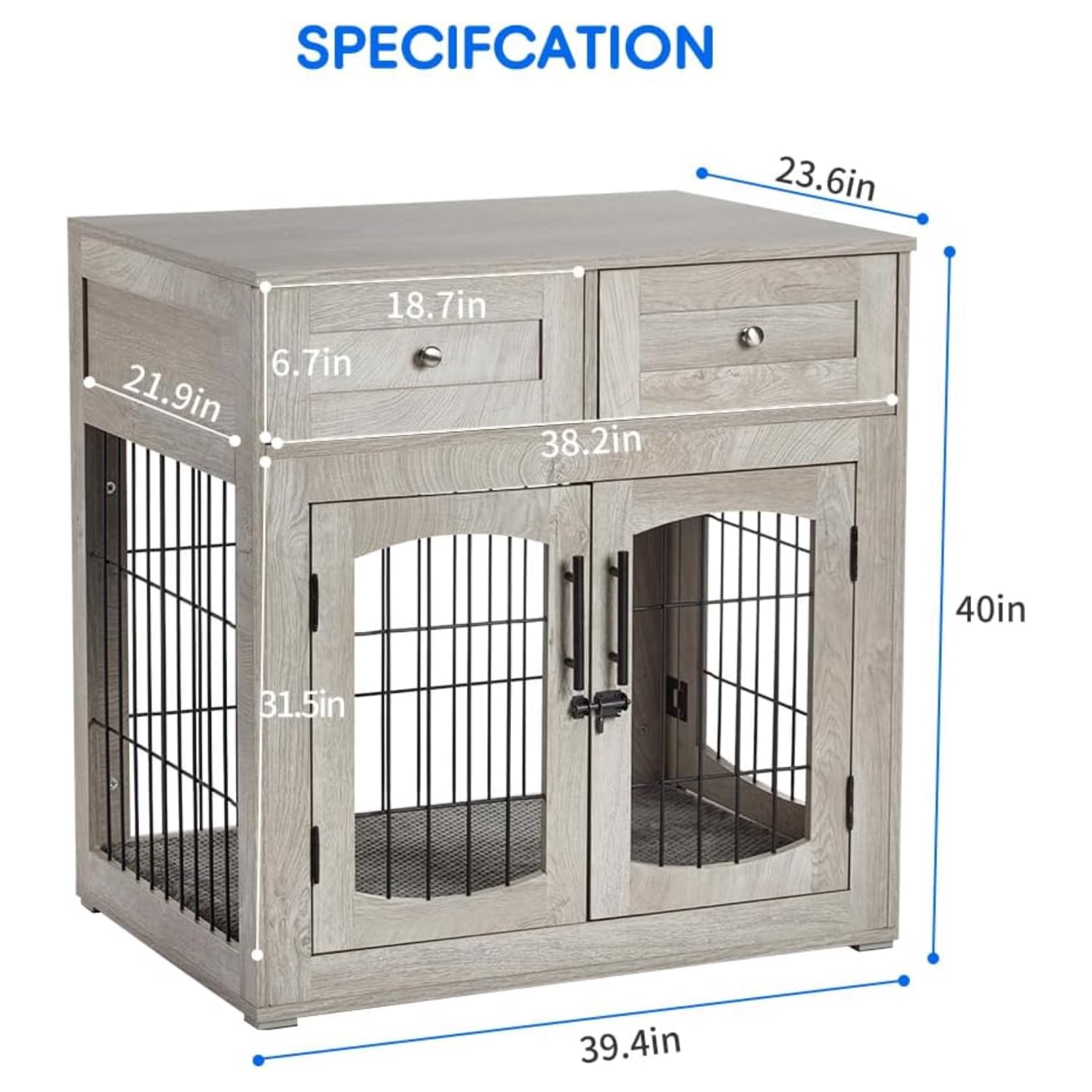 Emorefun Wooden Dog Crate Furniture, 40" Heavy Duty Dog Kennel with Cushion & Drawers for Indoor, Gray