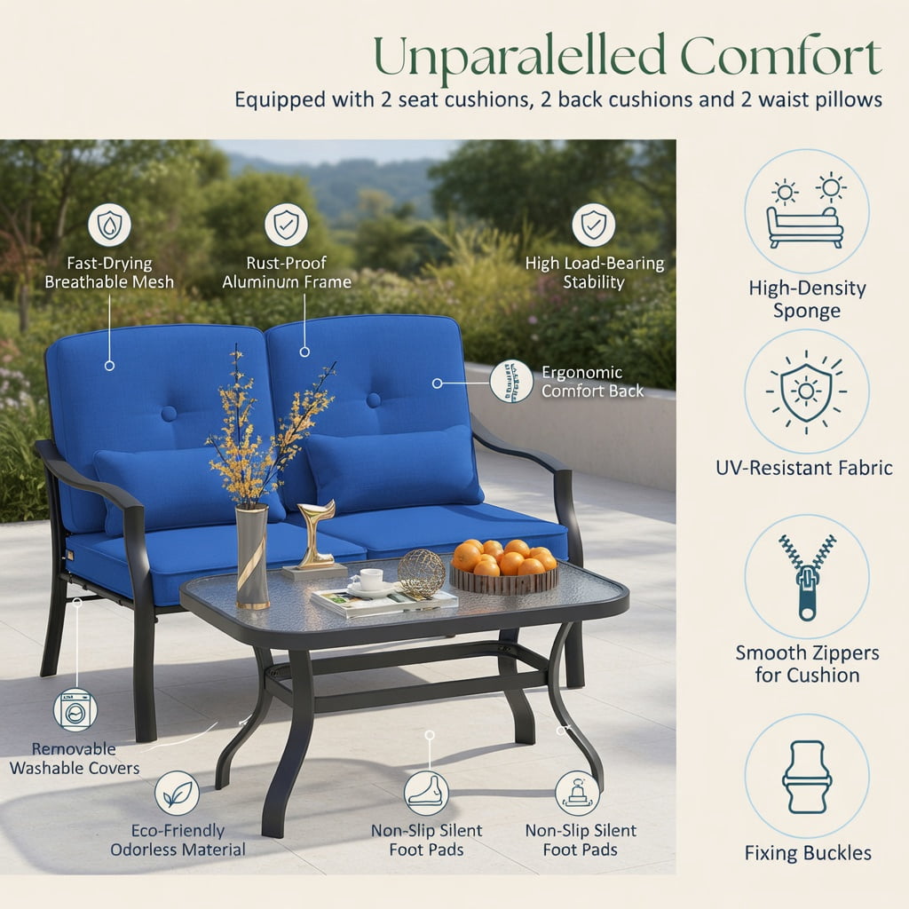 Hommoo Outdoor Loveseat Set with Black Metal Frame, Cushions & Tempered Glass Coffee Table, Patio Seating for Backyard, Poolside & Balcony, Navy