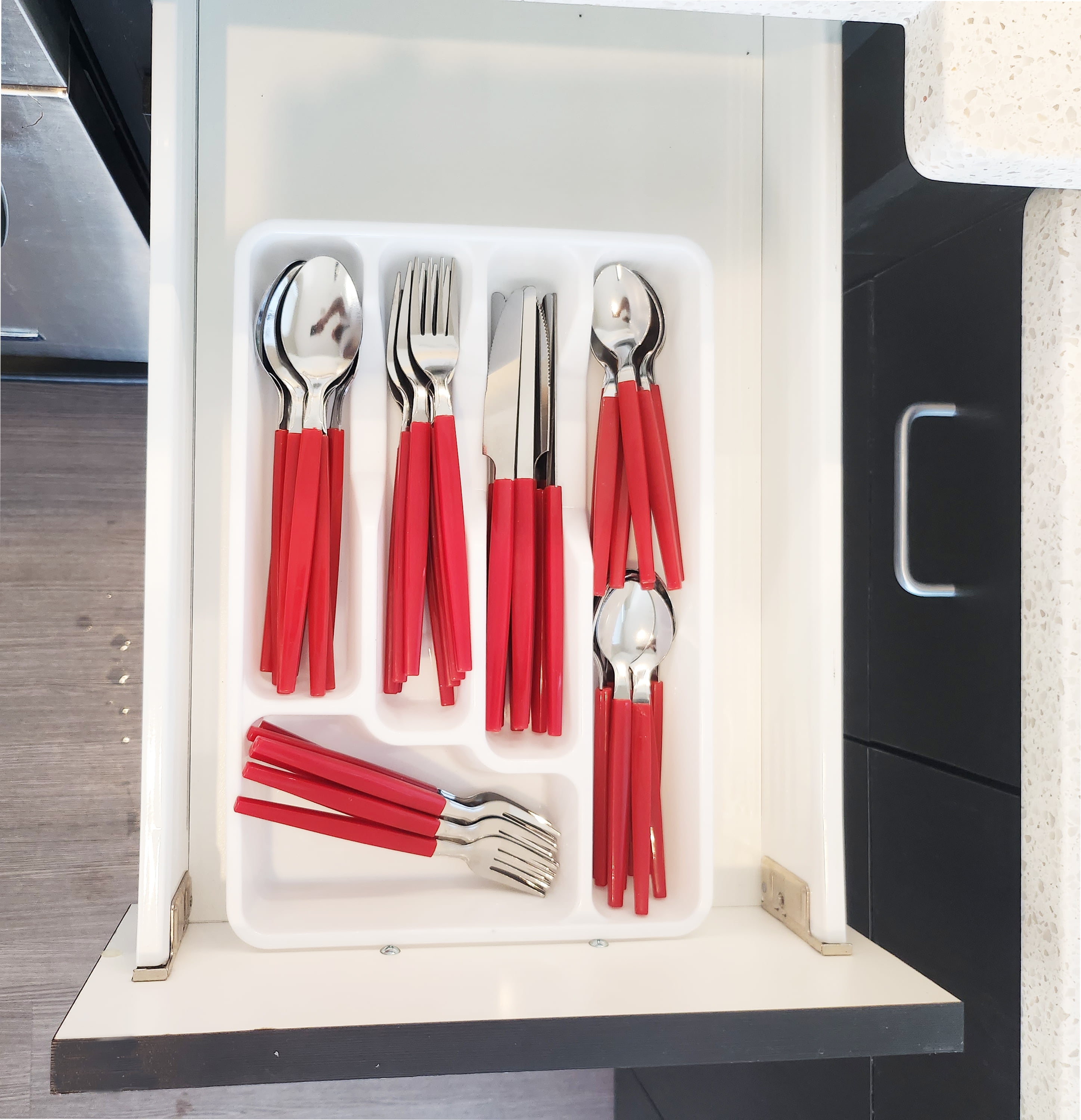 Mainstays 49 Piece Stainless Steel and Plastic Flatware Set with Tray, Niccole Red, Service for 8 Adult