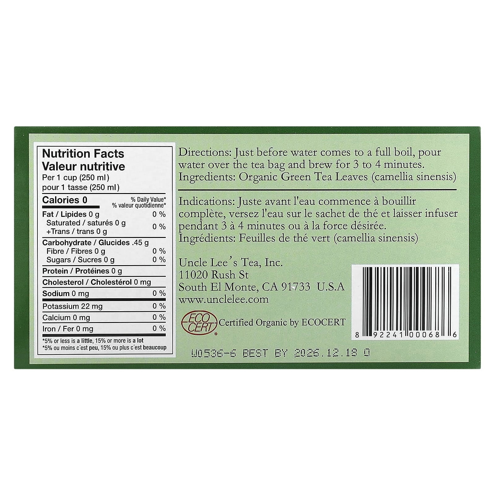 Uncle Lee's Tea, Organic Green Tea, 100 Tea Bags, 5.64 oz Pack of 3