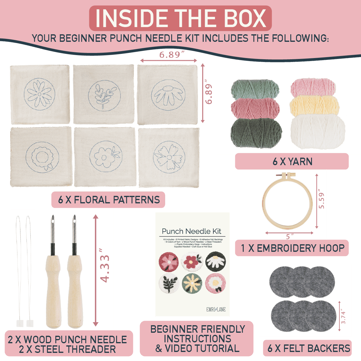 Emri Lane Floral Punch Needle Kit for Beginners Includes Embroidery Hoop, Punch Needle Tools Yarn and Monk Cloth DIY Craft Set of 6