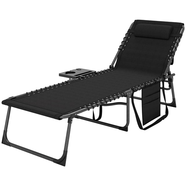CoSoTower Chaise Longue Pliante, Chaise Longue d'Extérieur pour Bronzage avec Dossier Réglable, Table d'Appoint, Appuie-Tête, Noir