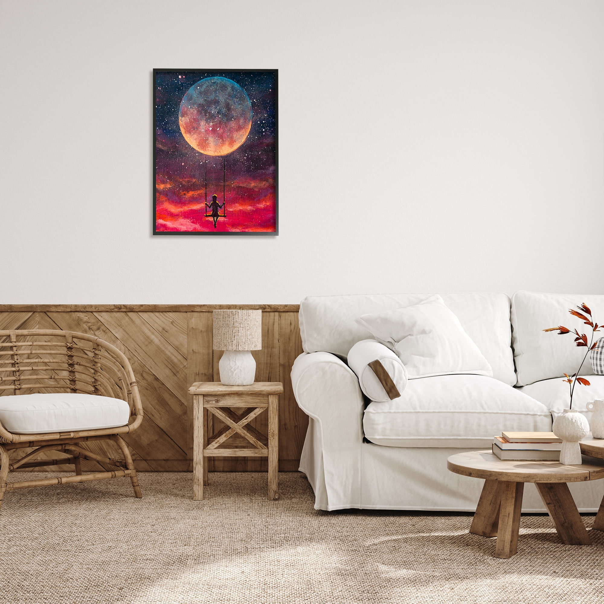 Stupell Industries Person Swinging From Moon Nature Painting Black Framed Art Print Wall Art, 24 x 30