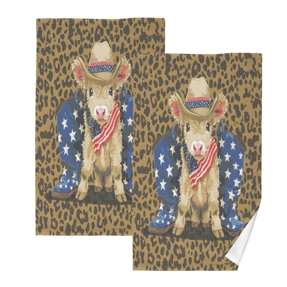 joogoo 2 PCs Hand Towels Sets Highland Cow Leopard Cotton Face Towel Bathroom Decorative