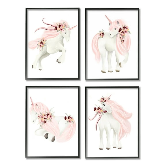 Stupell Industries Pastel Pink Unicorns Fairy Tales & Fantasy Painting Black Framed Art Print Wall Art, 11 x 14