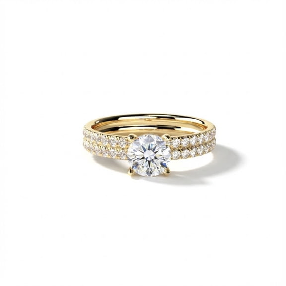14k Yellow Gold Plated 1.5 CT Round Brilliant Moissanite Engagement Ring for Women Double Row Pave Set Diamond Band