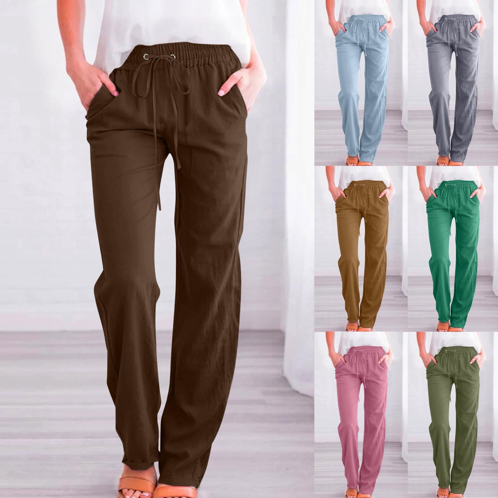Womens jeans Solid Color Drawstring Cotton Linen Casual Loose Wide