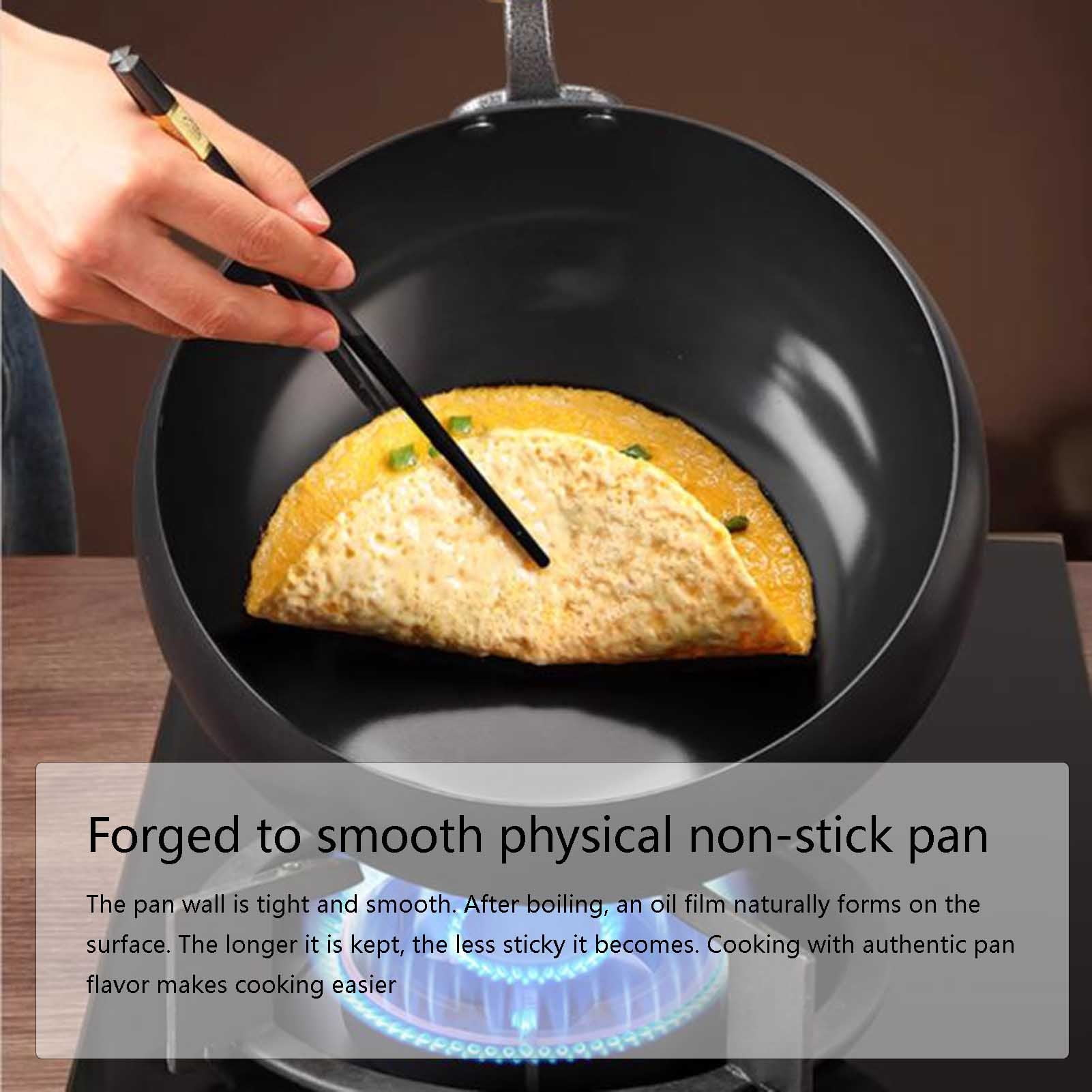 Japanese iron pan, without coating, hand-forged non-stick pans, durable and rust-proof frying pan, with wooden lid for induction, electric and gas stoves