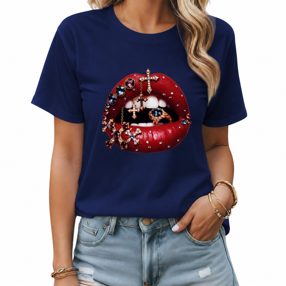 UNISHE Women's Navy Blue Cross Jewelry Lip Graphic Short Sleeve T-Shirt Trendy Top