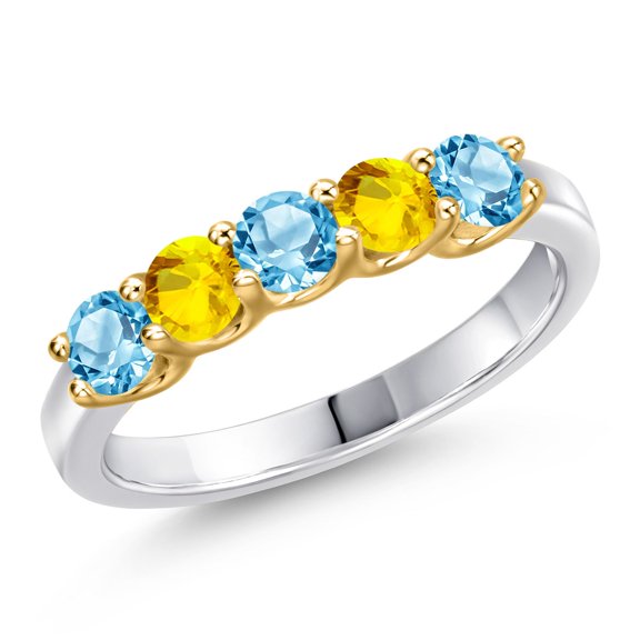 Gem Stone King 925 Silver and 10K Yellow Gold Swiss Blue Topaz and Yellow Sapphire Wedding-Bands Ring for Women | 0.92 Cttw | Round 3.5MM | Gemstone November Birthstone | Size 9