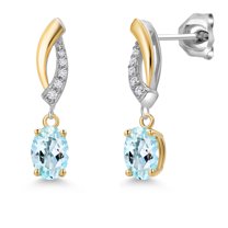Gem Stone King 925 Silver and 10K Yellow Gold Sky Blue Topaz and White Lab Grown Diamond Stud Earrings for Women | 1.05 Cttw | Gemstone November Birthstone | Oval 6X4MM