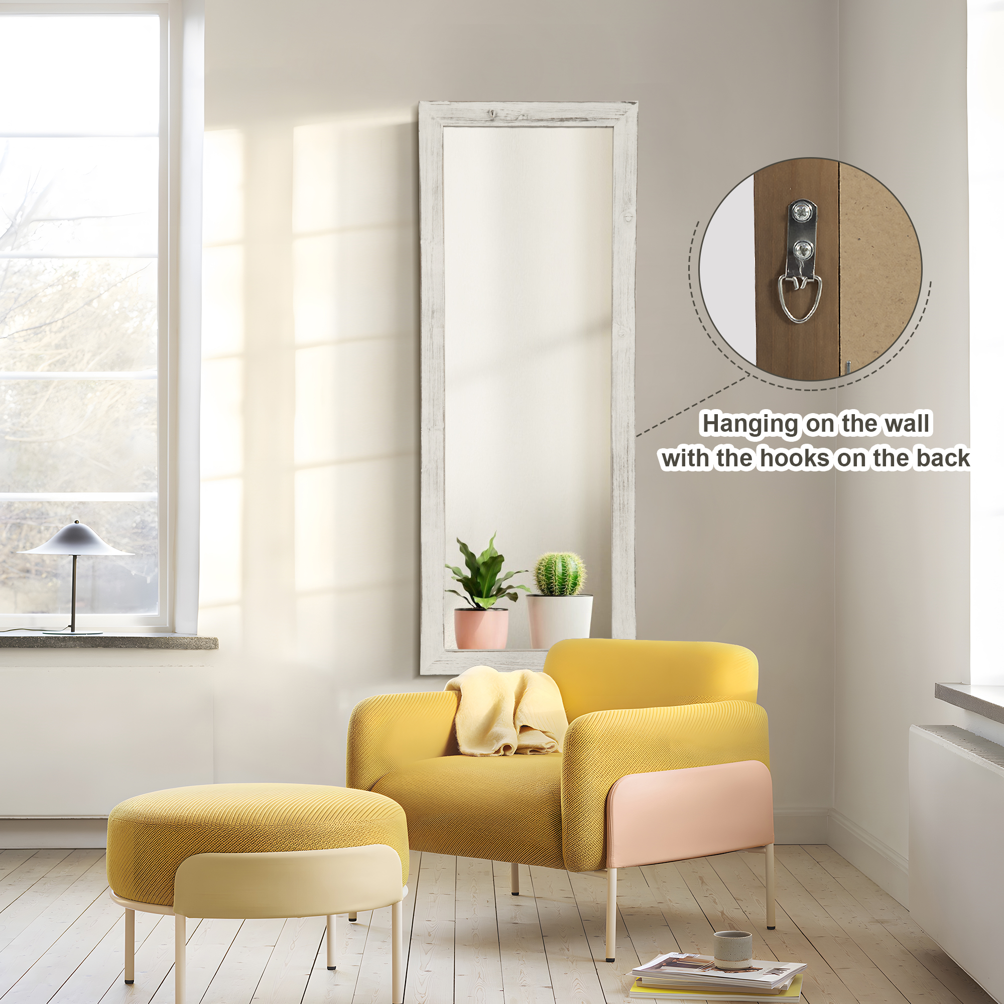 Over The Door Mirror Full Length, 47"x18" Door Mirror Full Length with Wood Frame, Full Length Mirror Over The Door with 2 Hangers Removeble, Hanging Mirror for Door or Wall Mounted Mirror
