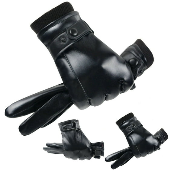 1 Pair Winter Cycling Gloves Faux Leather Anti slip Thermal Scratch Resistant Windproof Warm Plush Thicken Winter Mittens for Camping Black 2