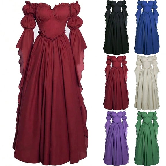 QATAINLAV Medieval Renaissance Costume Dress Womens Victorian Off Shoulder Puff Sleeve Gown for Halloween Black XL