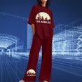 thumbnail image 2 of Fgnfyis Ensemble Décontracté Ample pour Femmes Grande Taille Manches Courtes Col Rond T-Shirt Haut Pantalon Large Pantalon Long Ensemble 1 Ensemble Pantalon pour Femmes 2 Pcs Vin m, 2 of 4
