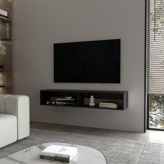 Central Floating Media Rack In Melamine With Two Shelves, Black