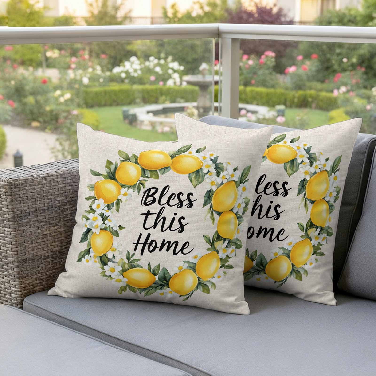 Country Bless This Home Pillow Covers 2 Pack Yellow Lemon Linen Texture Pillowcase Waterproof Outdoor Throw Pillow Cover for Patio Garden Square Cushion 24”x24”