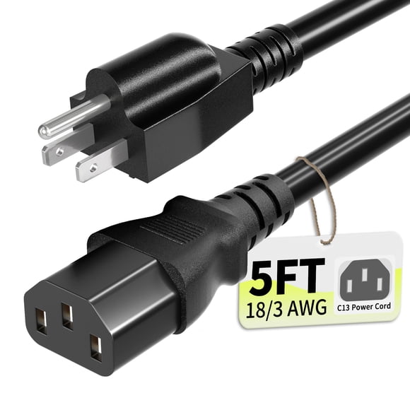 Cable de alimentación Vockjour de 5 pies, 10 A, 125 V, 18 AWG, NEMA 5-15P a C13